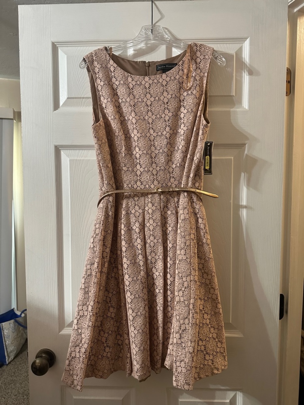 Jessica Howard Blush Lace Midi Dress with Gold Belt